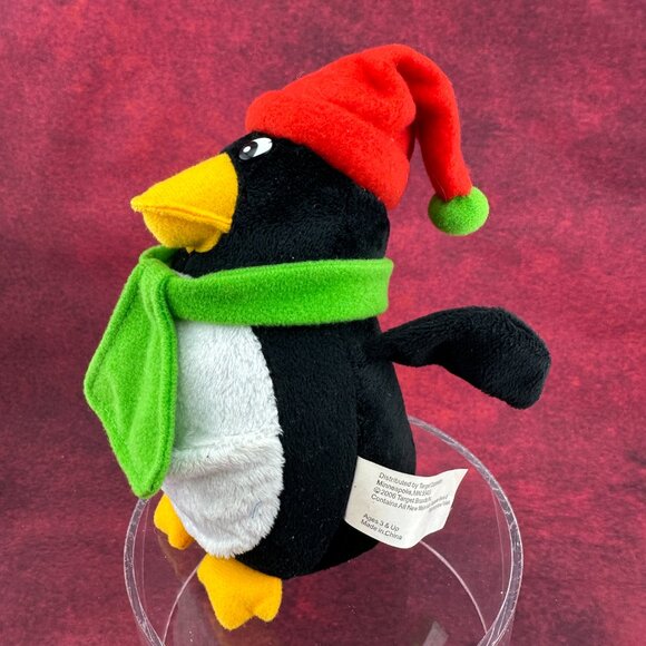BLACK AND WHITE PENGUIN CHRISTMAS STUFFED PLUSH TOY WITH GREEN SCARF 7" - Picture 4 of 6